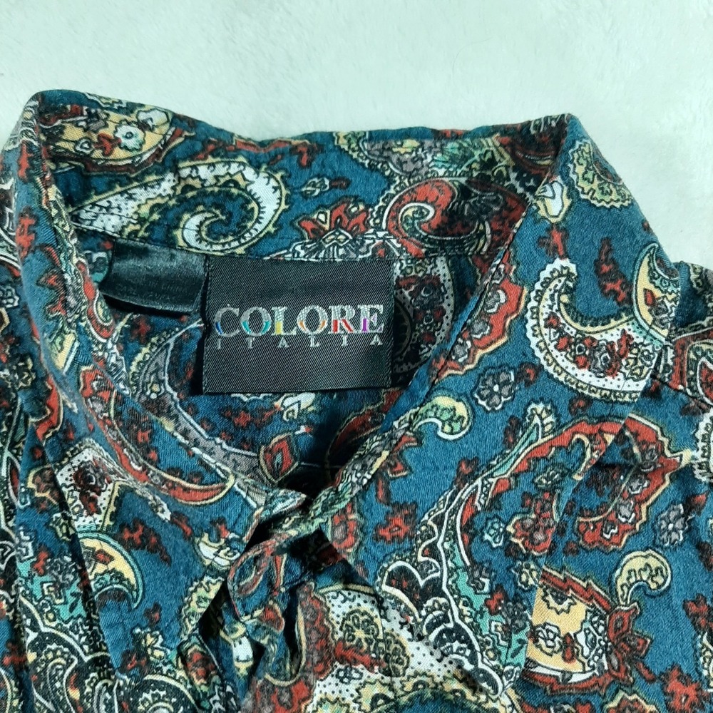 Colore Italia L Paisley Multicolor Silk Short Sleeve Button-Up Shirt Blue Red